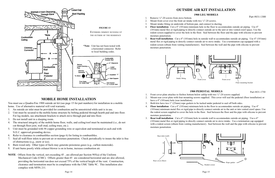 Mobile home installation, Outside air kit installation | Quadra-Fire 1900 User Manual | Page 14 / 14