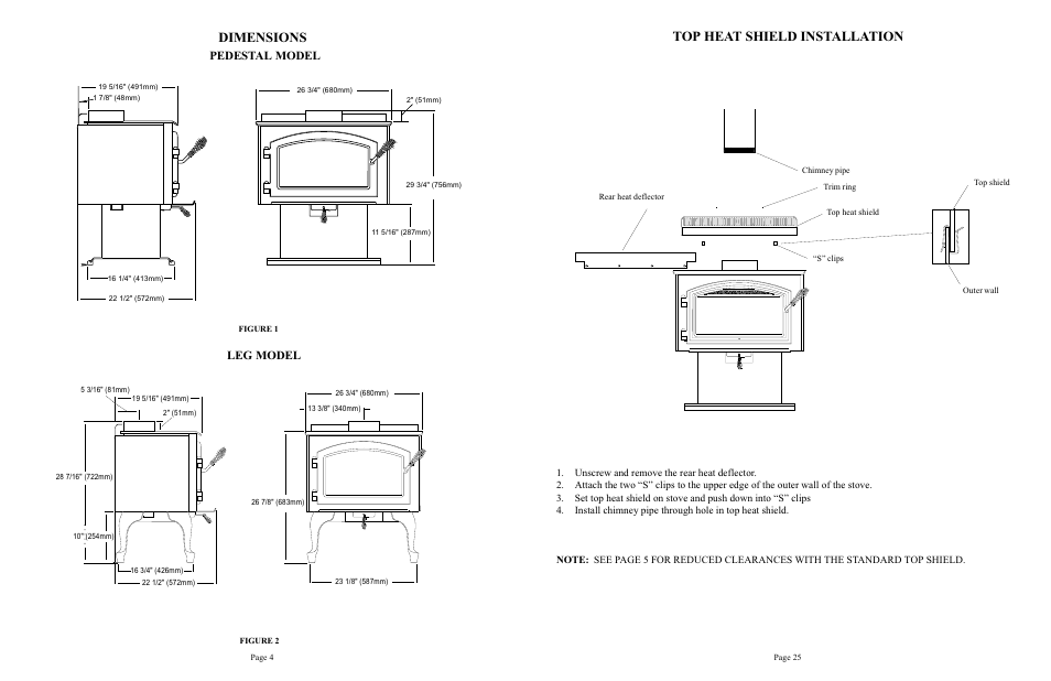 Dimensions, Top heat shield installation, Leg model pedestal model | Quadra-Fire 1900 User Manual | Page 4 / 14