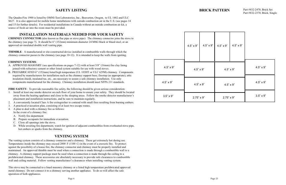 Safety listing, Installation materials needed for your safety, Venting system | Brick pattern | Quadra-Fire 1900 User Manual | Page 6 / 14