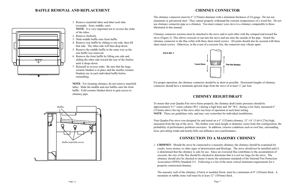 Chimney connector, Chimney height/draft, Connection to a masonry chimney | Baffle removal and replacement | Quadra-Fire 1900 User Manual | Page 7 / 14