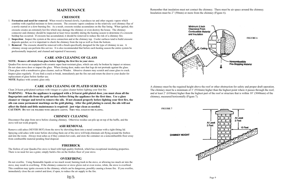 Maintenance, Creosote, Care and cleaning of glass | Care and cleaning of plated surfaces, Chimney cleaning, Ash removal, Firebrick, Overfiring | Quadra-Fire 1900 User Manual | Page 9 / 14