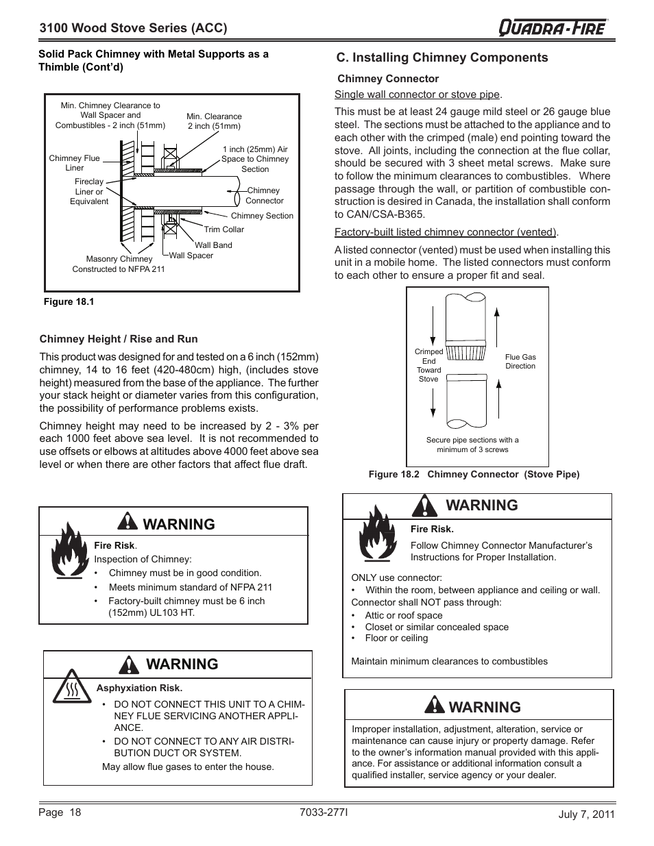 Warning, 3100 wood stove series (acc), C. installing chimney components | Quadra-Fire 31ST-ACC User Manual | Page 18 / 52
