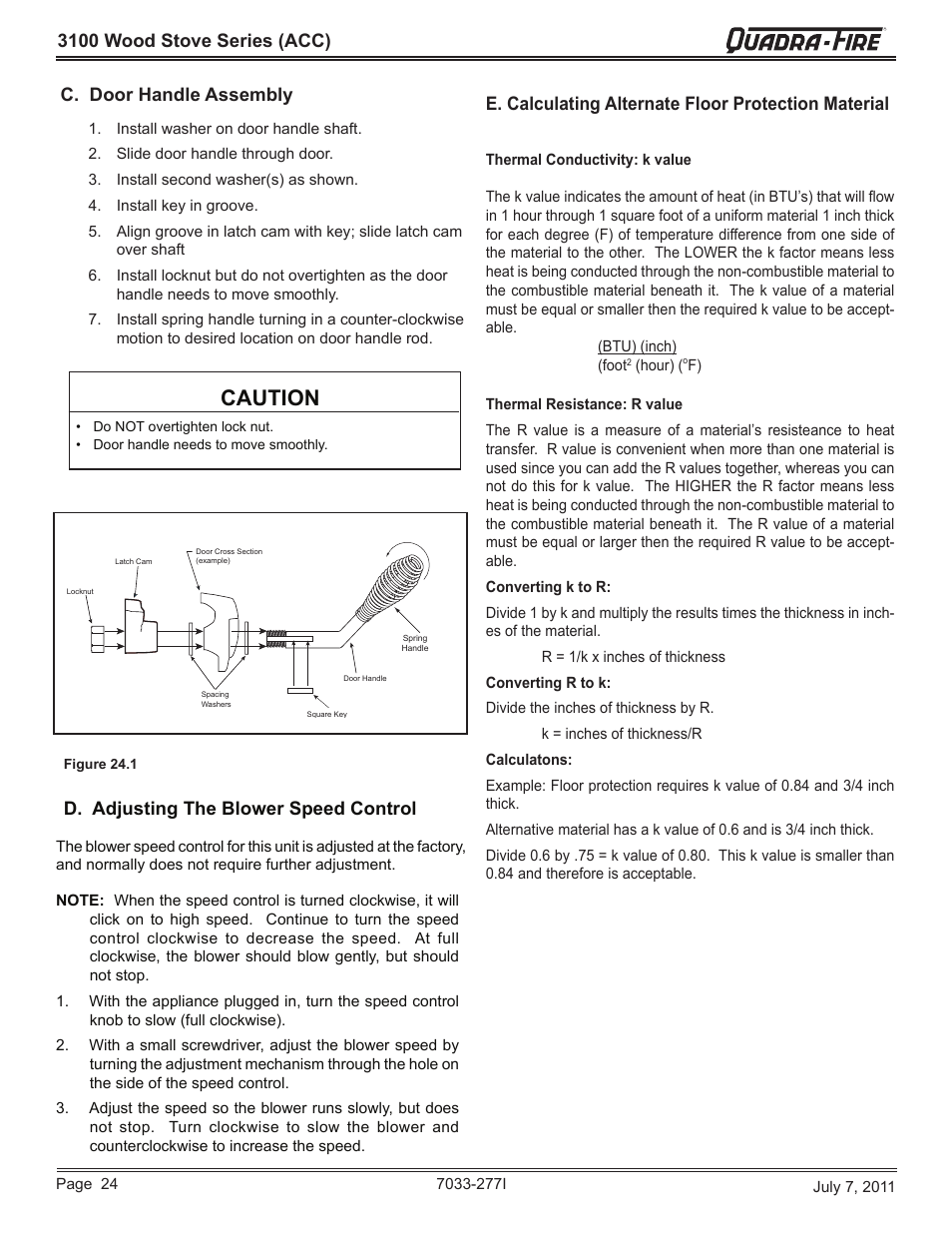 Caution, 3100 wood stove series (acc), E. calculating alternate floor protection material | Quadra-Fire 31ST-ACC User Manual | Page 24 / 52