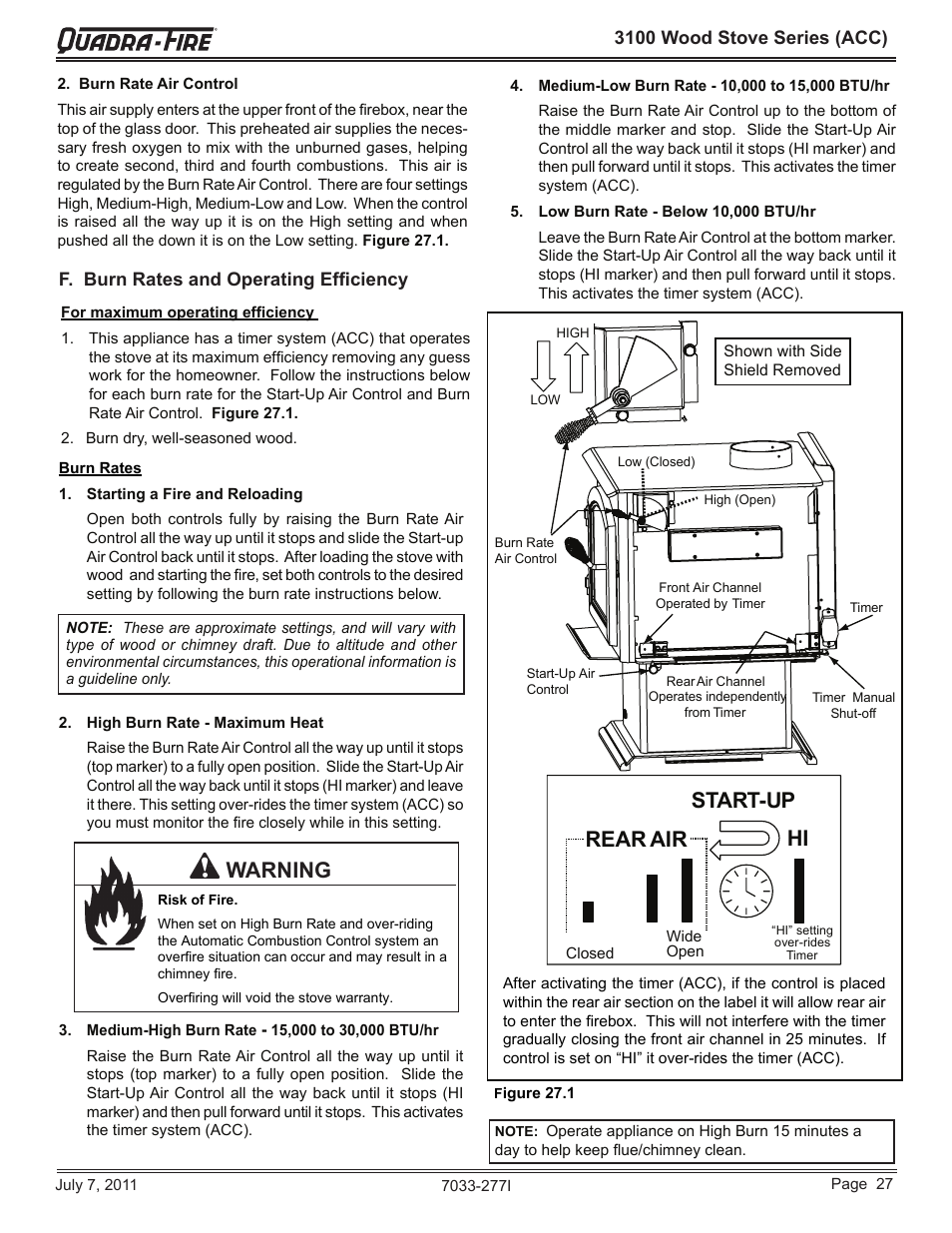 Warning, Start-up rear air hi | Quadra-Fire 31ST-ACC User Manual | Page 27 / 52