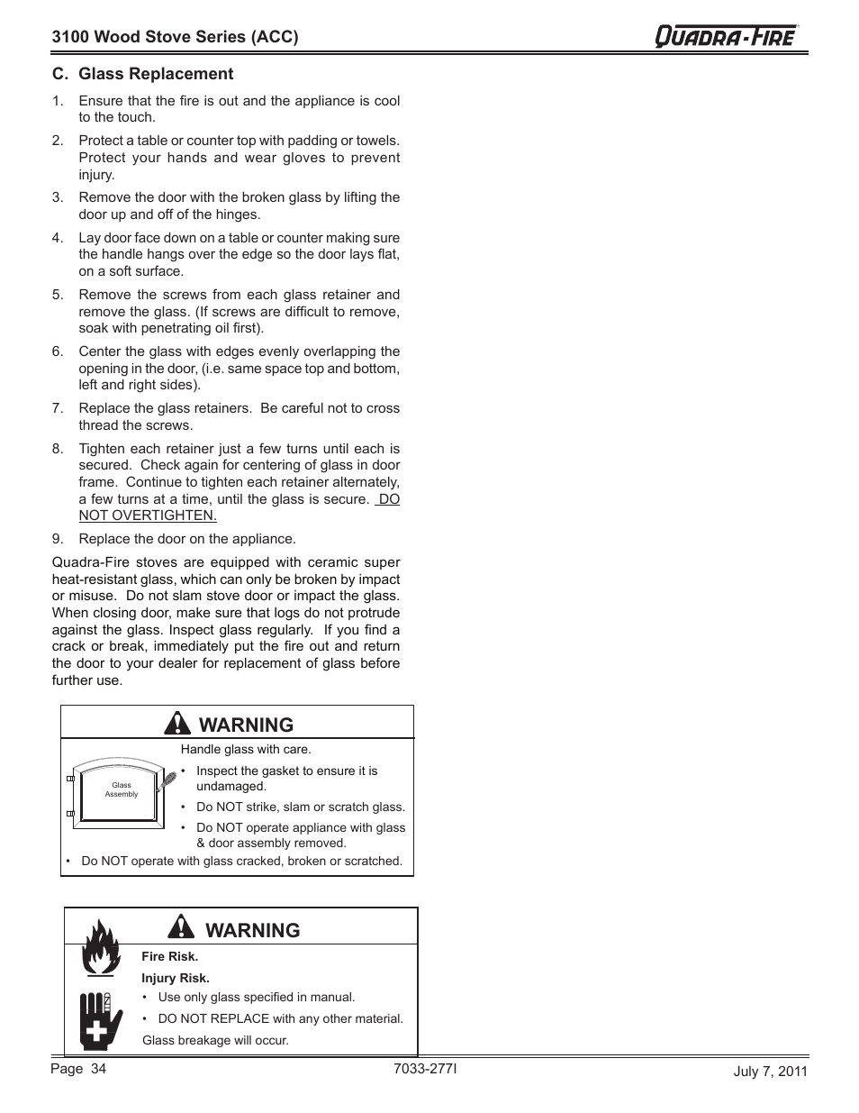 Warning, 3100 wood stove series (acc) c. glass replacement | Quadra-Fire 31ST-ACC User Manual | Page 34 / 52