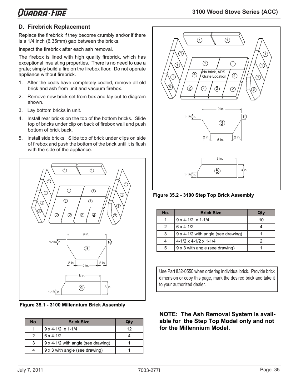 3100 wood stove series (acc), D. firebrick replacement | Quadra-Fire 31ST-ACC User Manual | Page 35 / 52