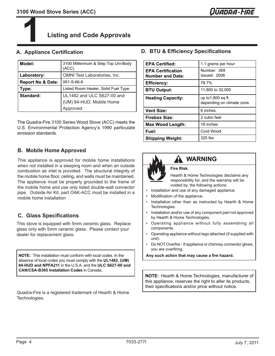 Listing and code approvals, Warning | Quadra-Fire 31ST-ACC User Manual | Page 4 / 52