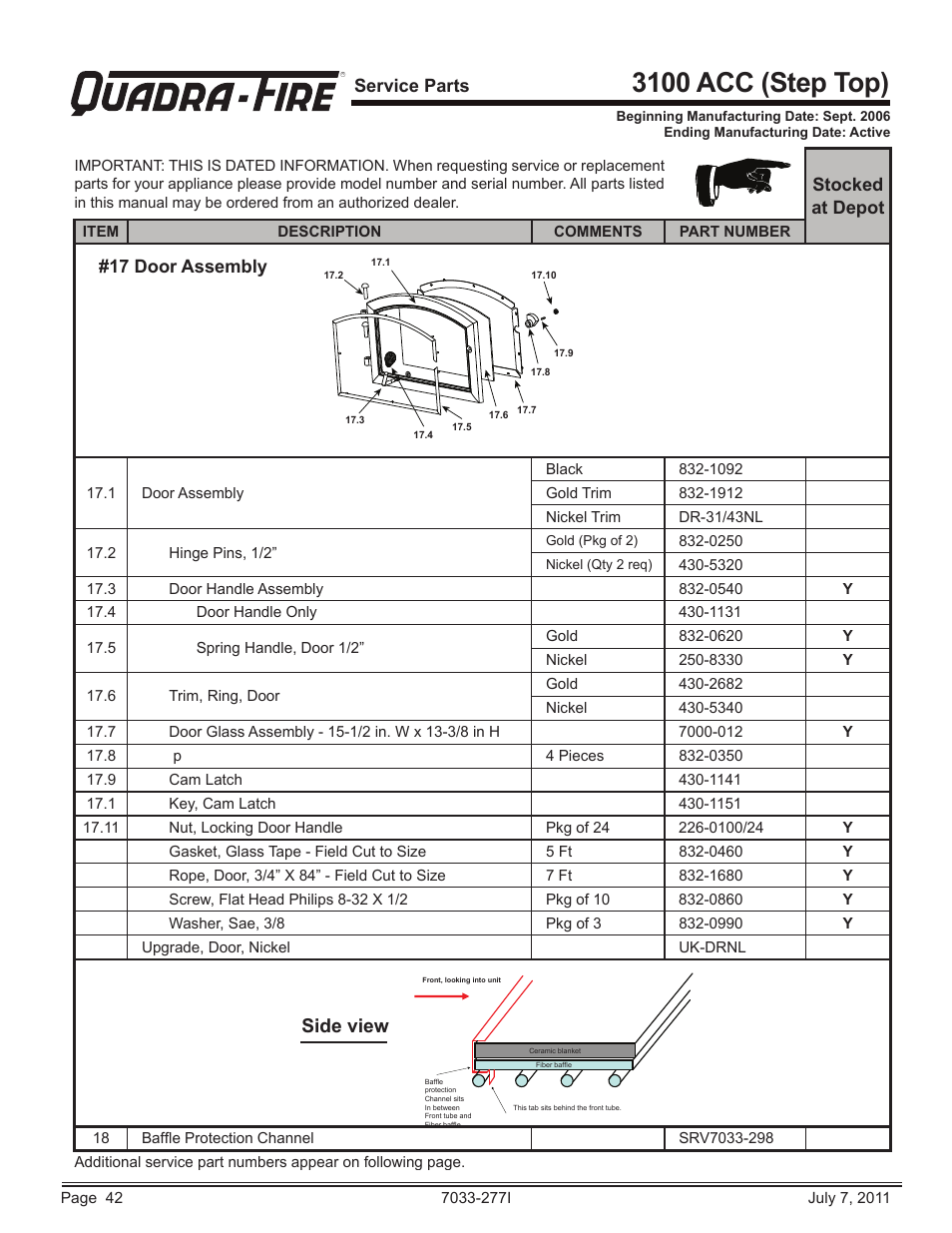 3100 acc (step top), Side view, Service parts | 17 door assembly, Stocked at depot | Quadra-Fire 31ST-ACC User Manual | Page 42 / 52