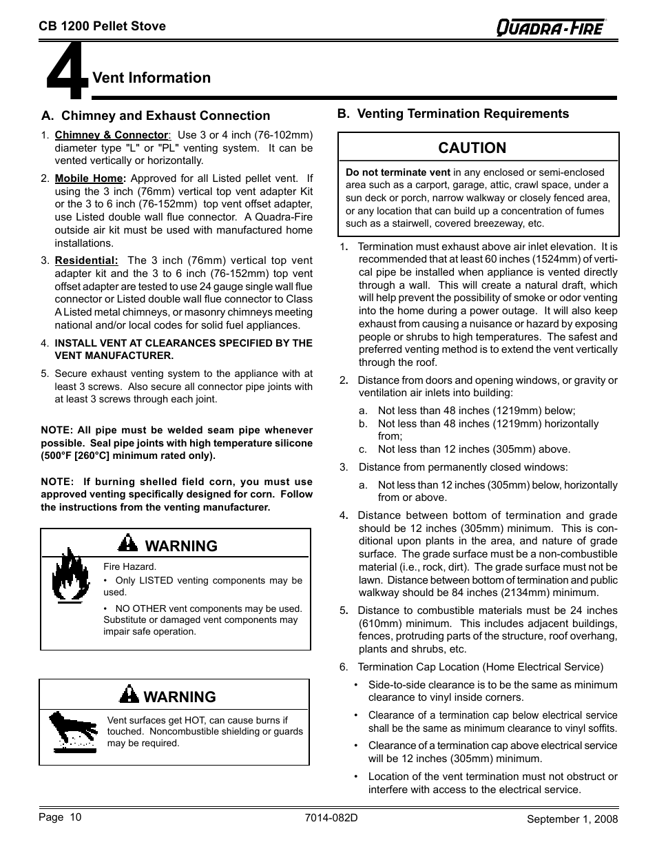 Caution, Warning, Vent information | Quadra-Fire CB1200-B User Manual | Page 10 / 48