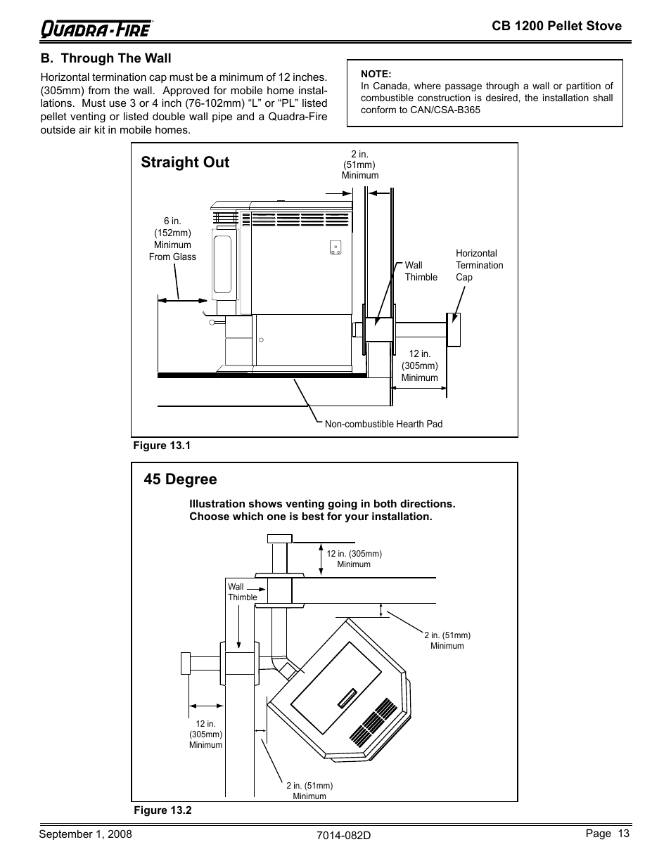 Straight out, 45 degree, Cb 1200 pellet stove | B. through the wall | Quadra-Fire CB1200-B User Manual | Page 13 / 48