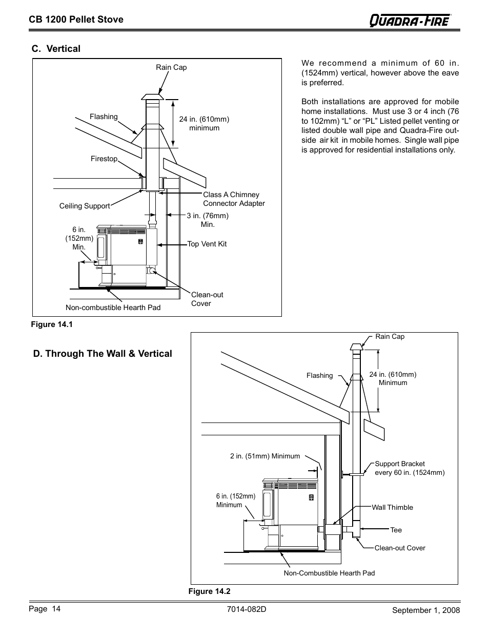 Cb 1200 pellet stove, C. vertical d. through the wall & vertical | Quadra-Fire CB1200-B User Manual | Page 14 / 48