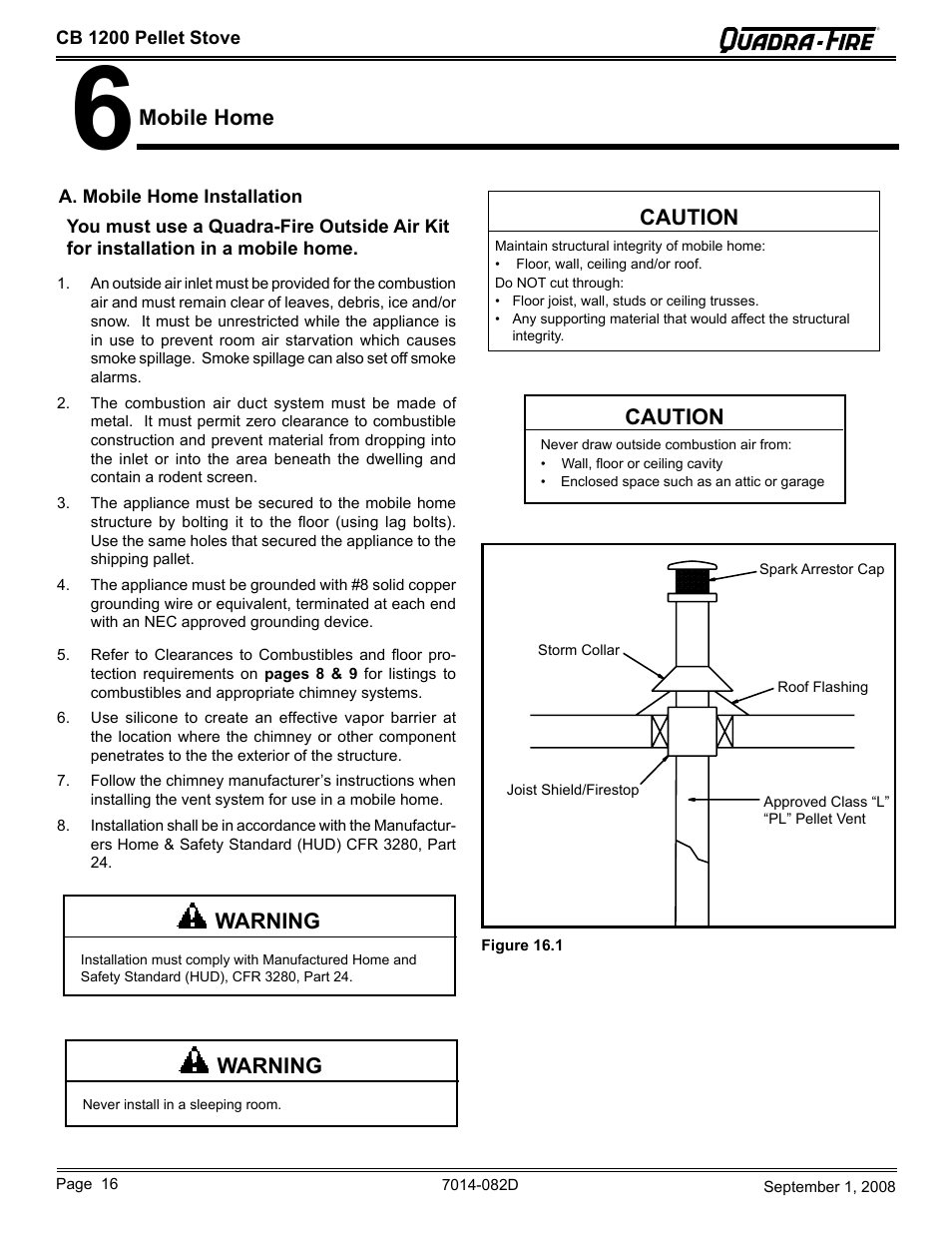 Mobile home, Caution, Warning | Quadra-Fire CB1200-B User Manual | Page 16 / 48