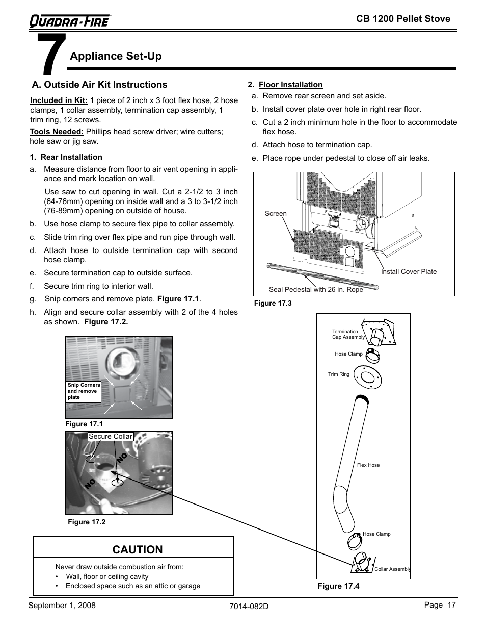 Appliance set-up, Caution | Quadra-Fire CB1200-B User Manual | Page 17 / 48