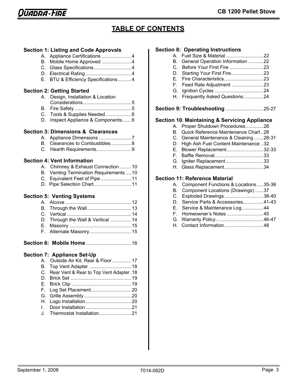 Quadra-Fire CB1200-B User Manual | Page 3 / 48