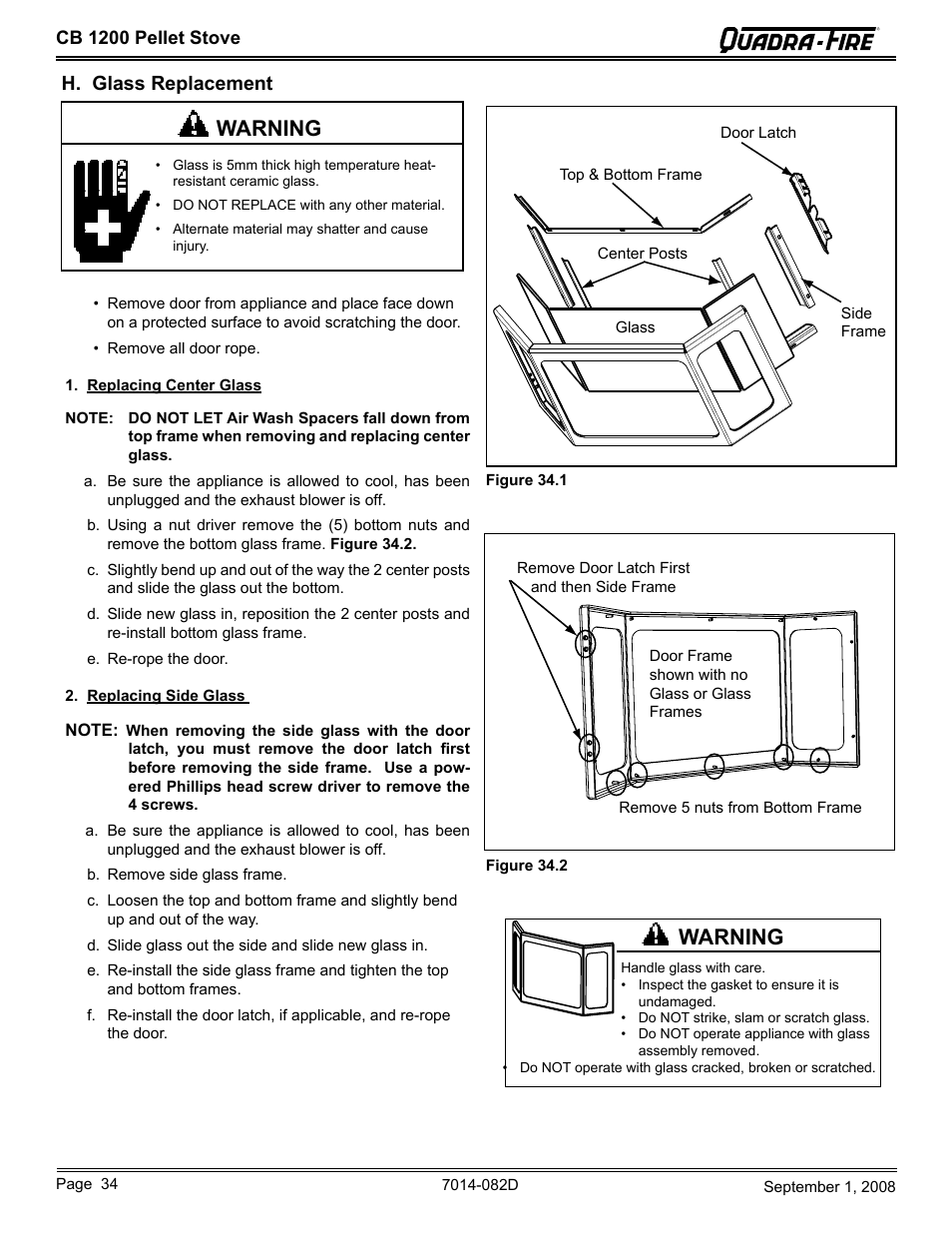Warning, H. glass replacement | Quadra-Fire CB1200-B User Manual | Page 34 / 48