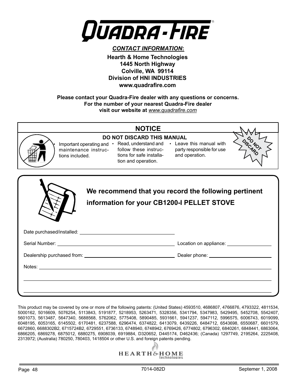 Quadra-Fire CB1200-B User Manual | Page 48 / 48