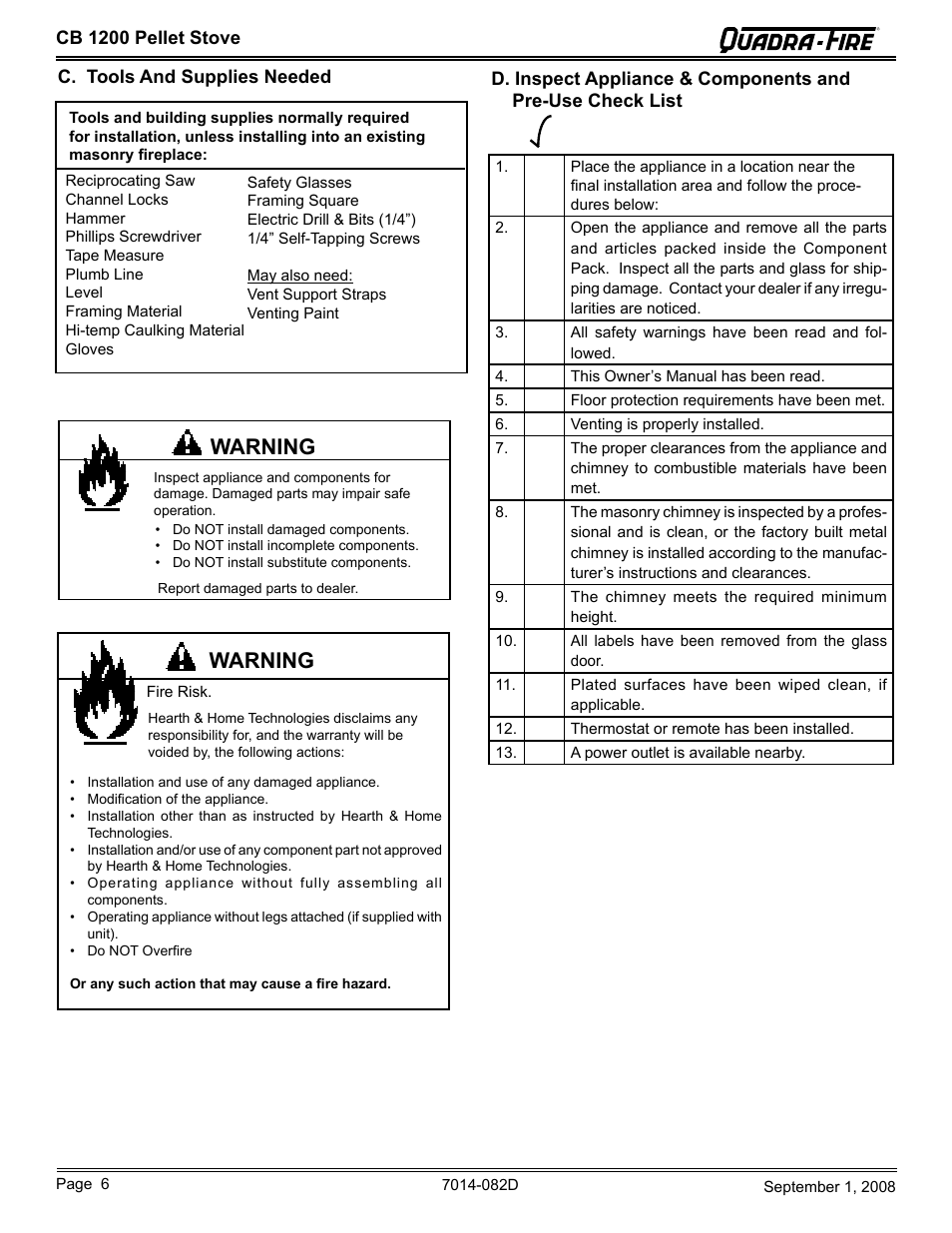 Warning | Quadra-Fire CB1200-B User Manual | Page 6 / 48