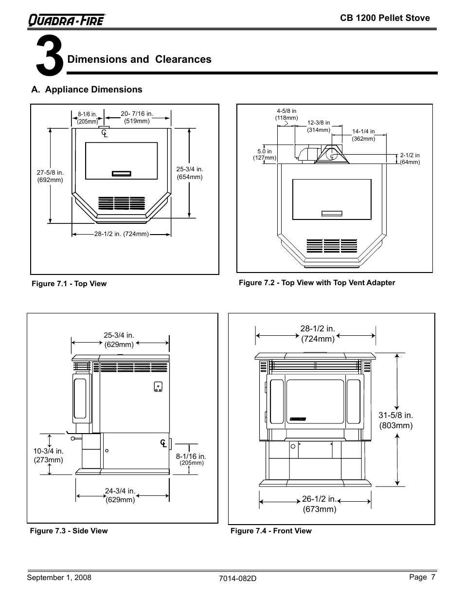 Dimensions and clearances | Quadra-Fire CB1200-B User Manual | Page 7 / 48