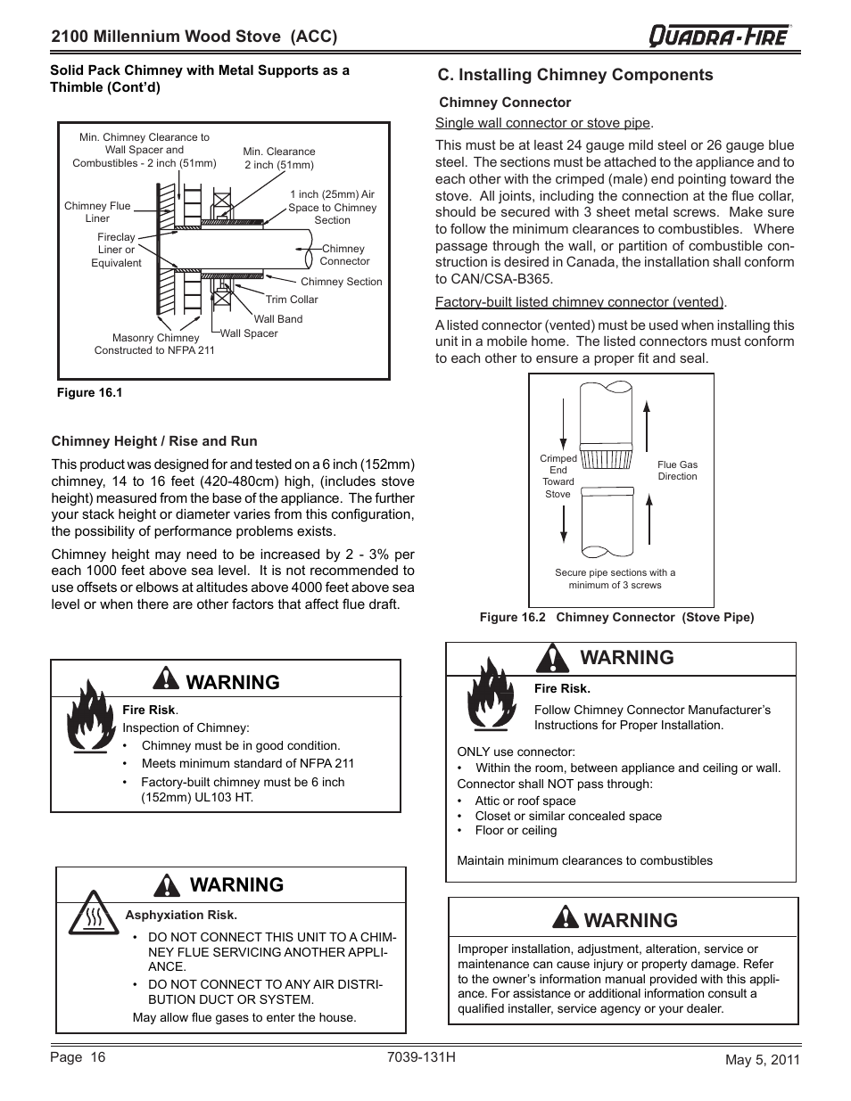 Warning, 2100 millennium wood stove (acc), C. installing chimney components | Quadra-Fire 2100 Millennium Wood 21M-ACC User Manual | Page 16 / 44