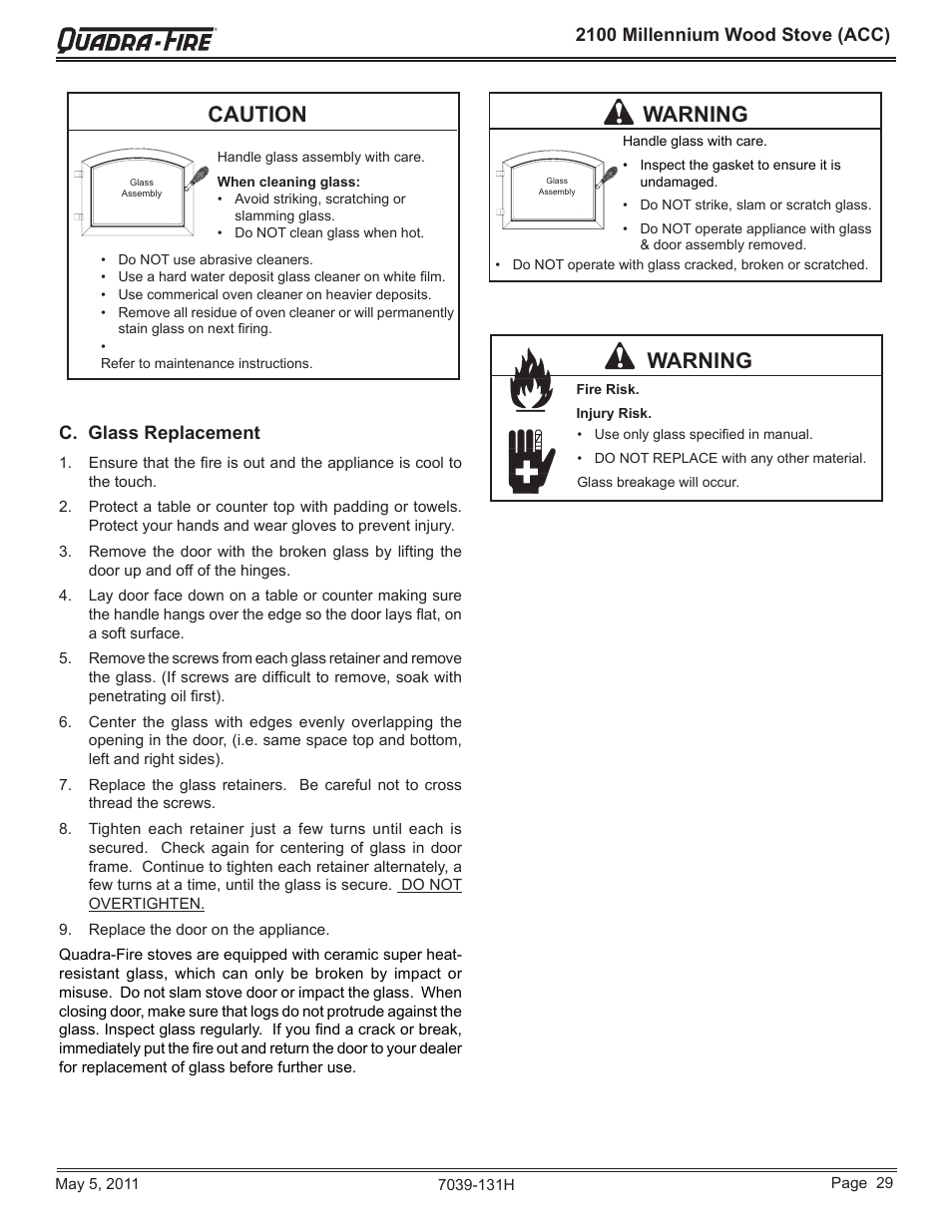 Caution, Warning, 2100 millennium wood stove (acc) | C. glass replacement | Quadra-Fire 2100 Millennium Wood 21M-ACC User Manual | Page 29 / 44