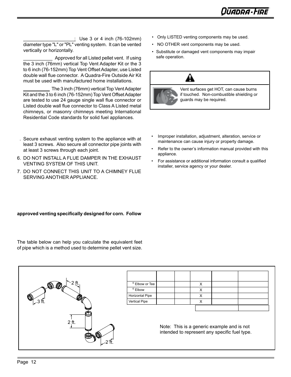 Warning, Mt. vernon pellet stove (ae), E. chimney and exhaust connection | F. equivalent feet of pipe | Quadra-Fire MTVERNON-AE-MBK User Manual | Page 12 / 56