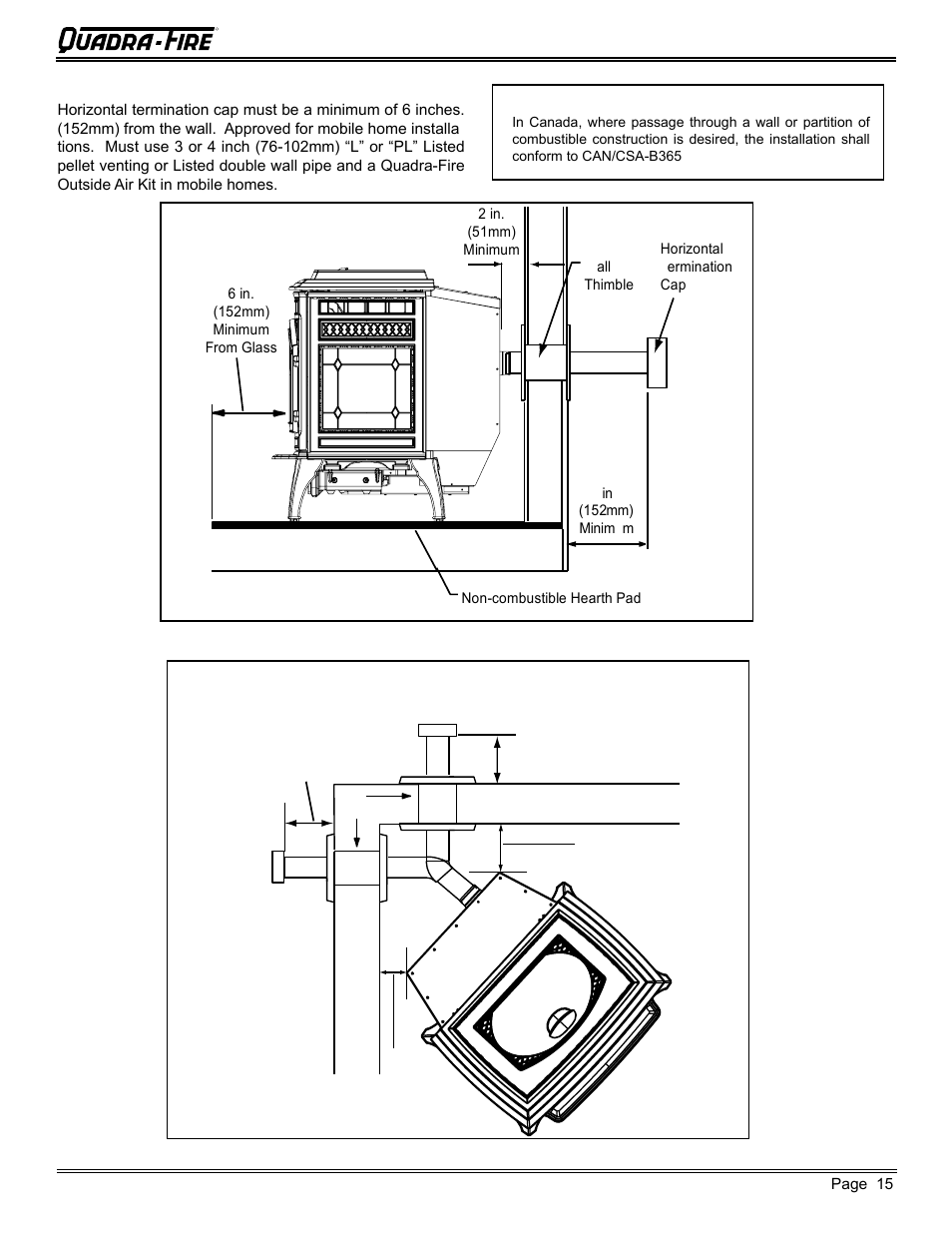 Straight out, 45 degree, Mt. vernon pellet stove (ae) | B. through the wall | Quadra-Fire MTVERNON-AE-MBK User Manual | Page 15 / 56