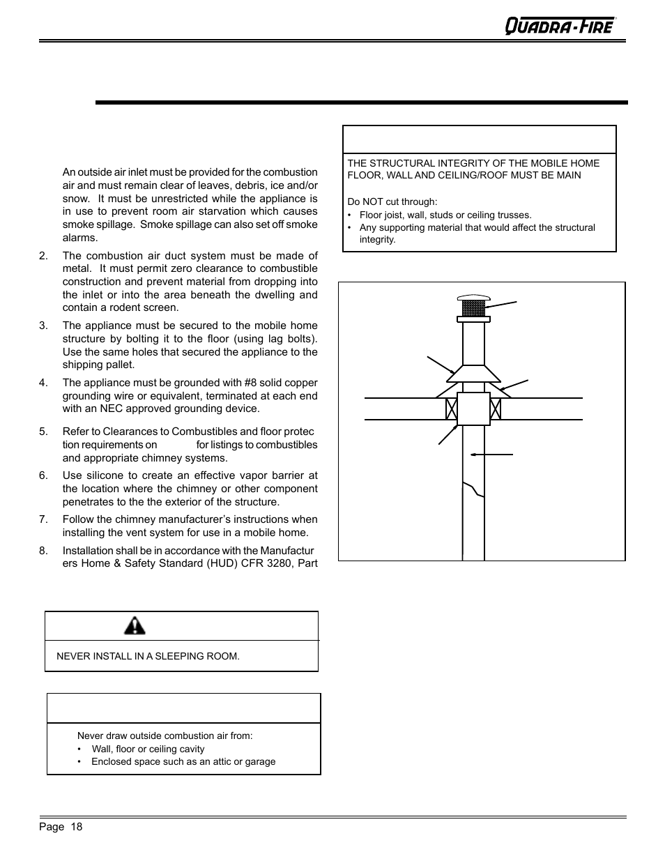 Mobile home installation, Warning, Caution | Quadra-Fire MTVERNON-AE-MBK User Manual | Page 18 / 56