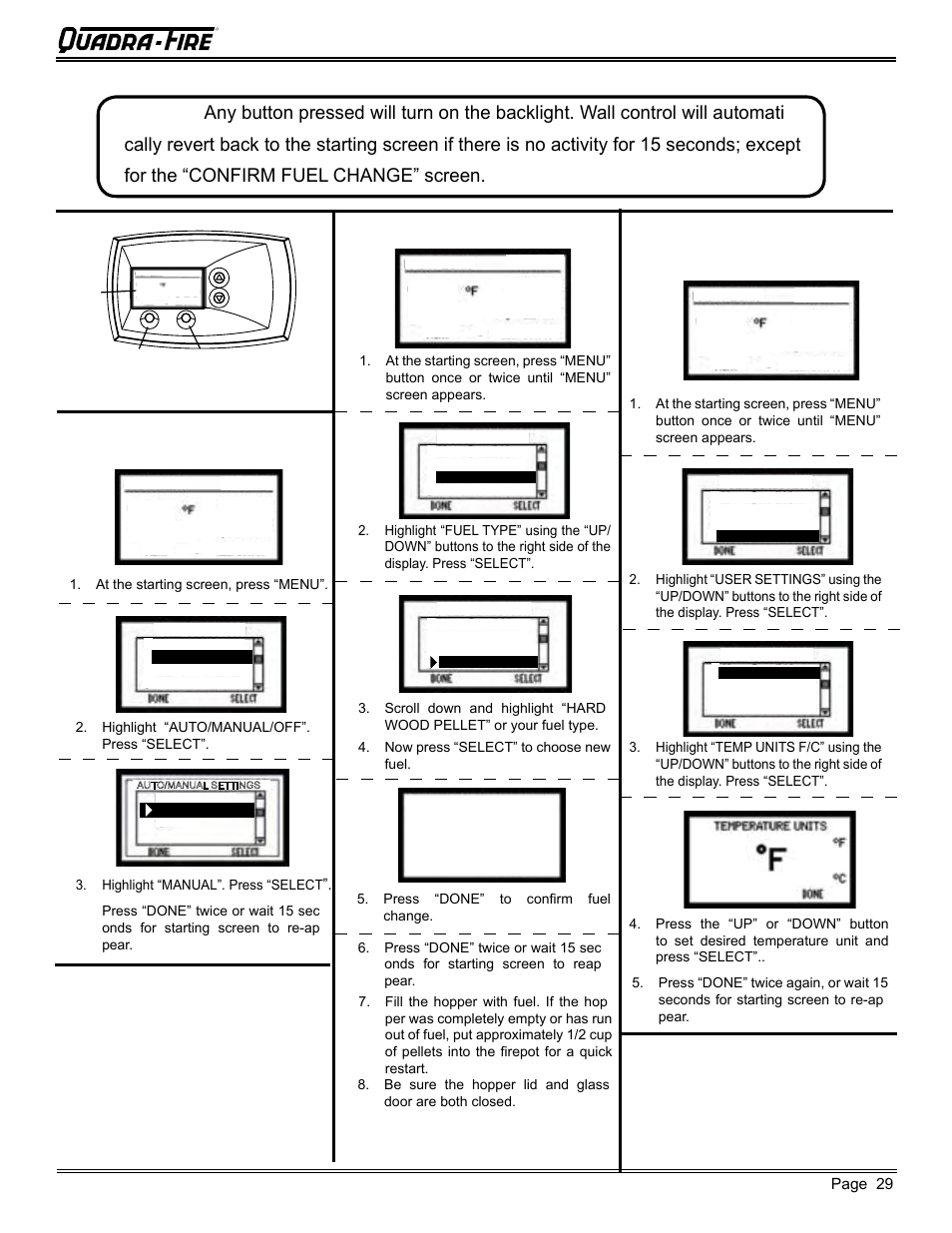 Choosing fuel type, Choosing temp unit: °f or °c, Mt. vernon pellet stove (ae) | Turning on appliance, L. quick start guide, Notice | Quadra-Fire MTVERNON-AE-MBK User Manual | Page 29 / 56