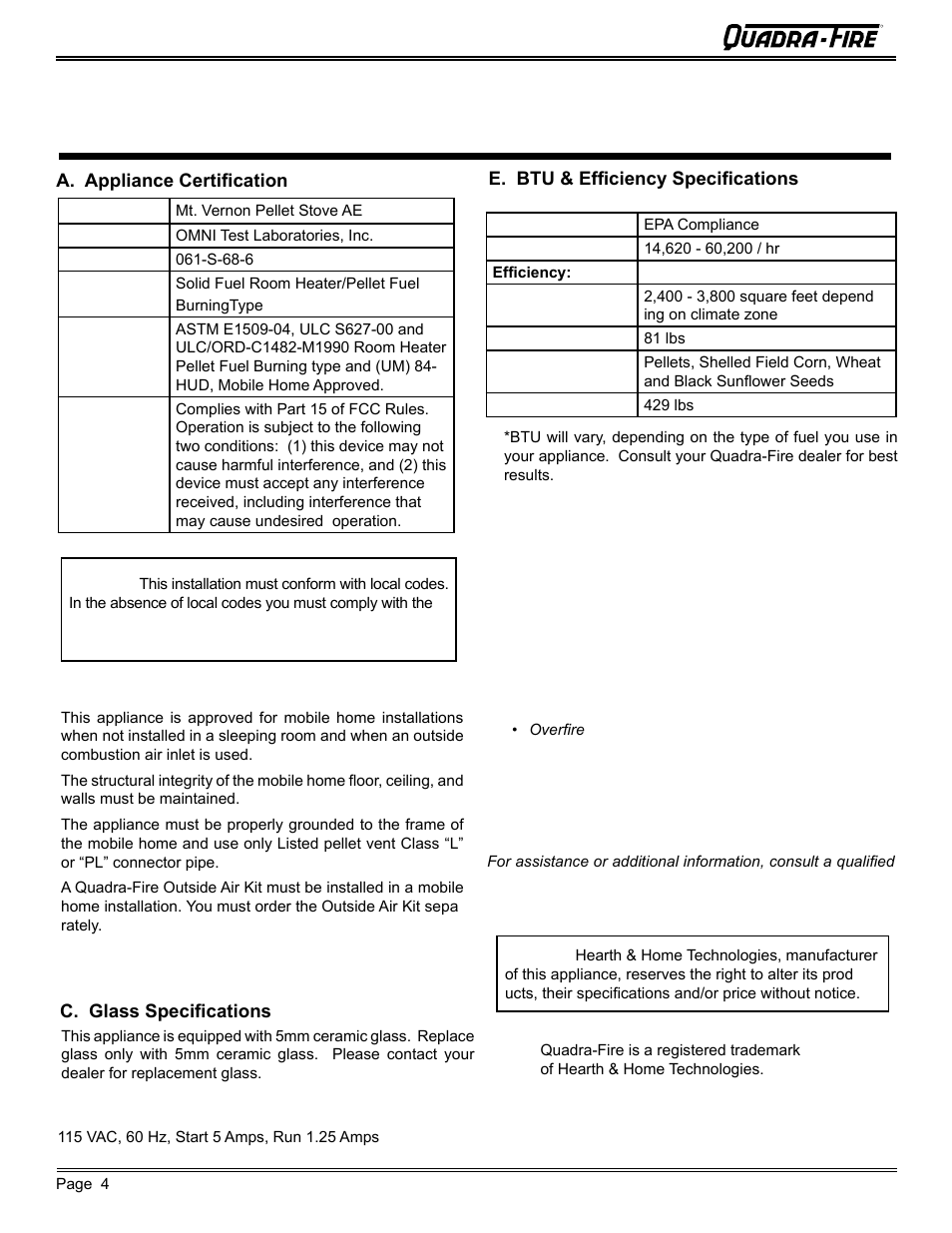 Listing and code approvals | Quadra-Fire MTVERNON-AE-MBK User Manual | Page 4 / 56