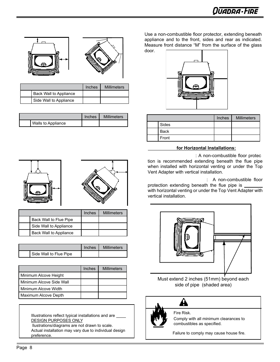 Warning, L* k k m, Mt. vernon pellet stove (ae) | B. clearances to combustibles (ul and ulc), C. hearth pad requirements (ul and ulc) | Quadra-Fire MTVERNON-AE-MBK User Manual | Page 8 / 56