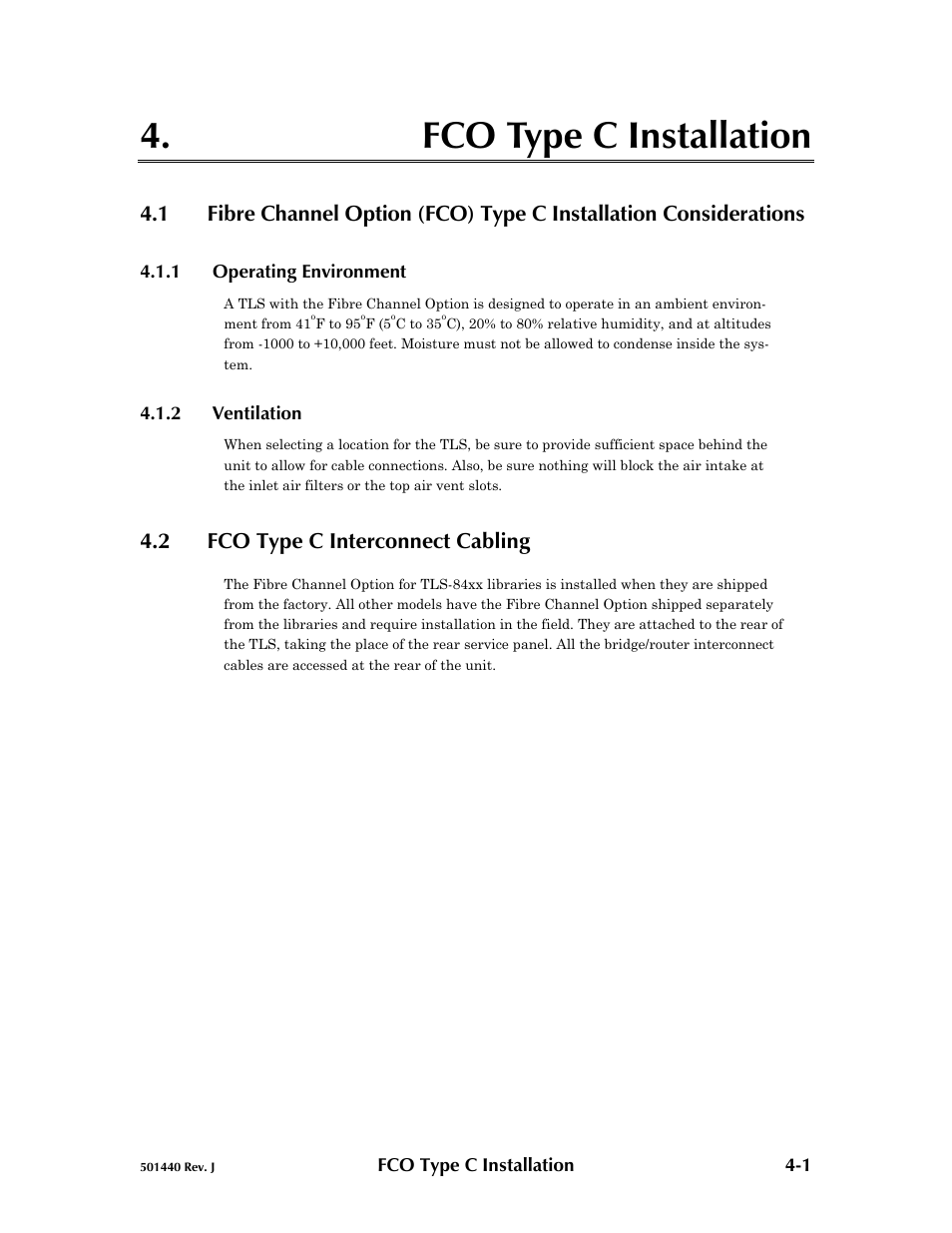 1 operating environment, 2 ventilation, 2 fco type c interconnect cabling | Fco type c installation -1, Operating environment -1, Ventilation -1, Fco type c interconnect cabling -1, Fco type c installation | Qualstar 501440 Rev. G User Manual | Page 14 / 81