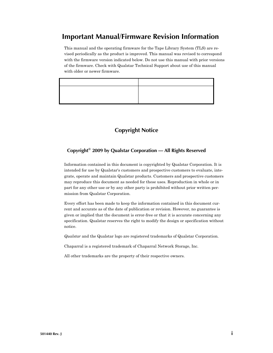 Important manual/firmware revision information, Manual corresponding firmware, Copyright notice | Qualstar 501440 Rev. G User Manual | Page 2 / 81