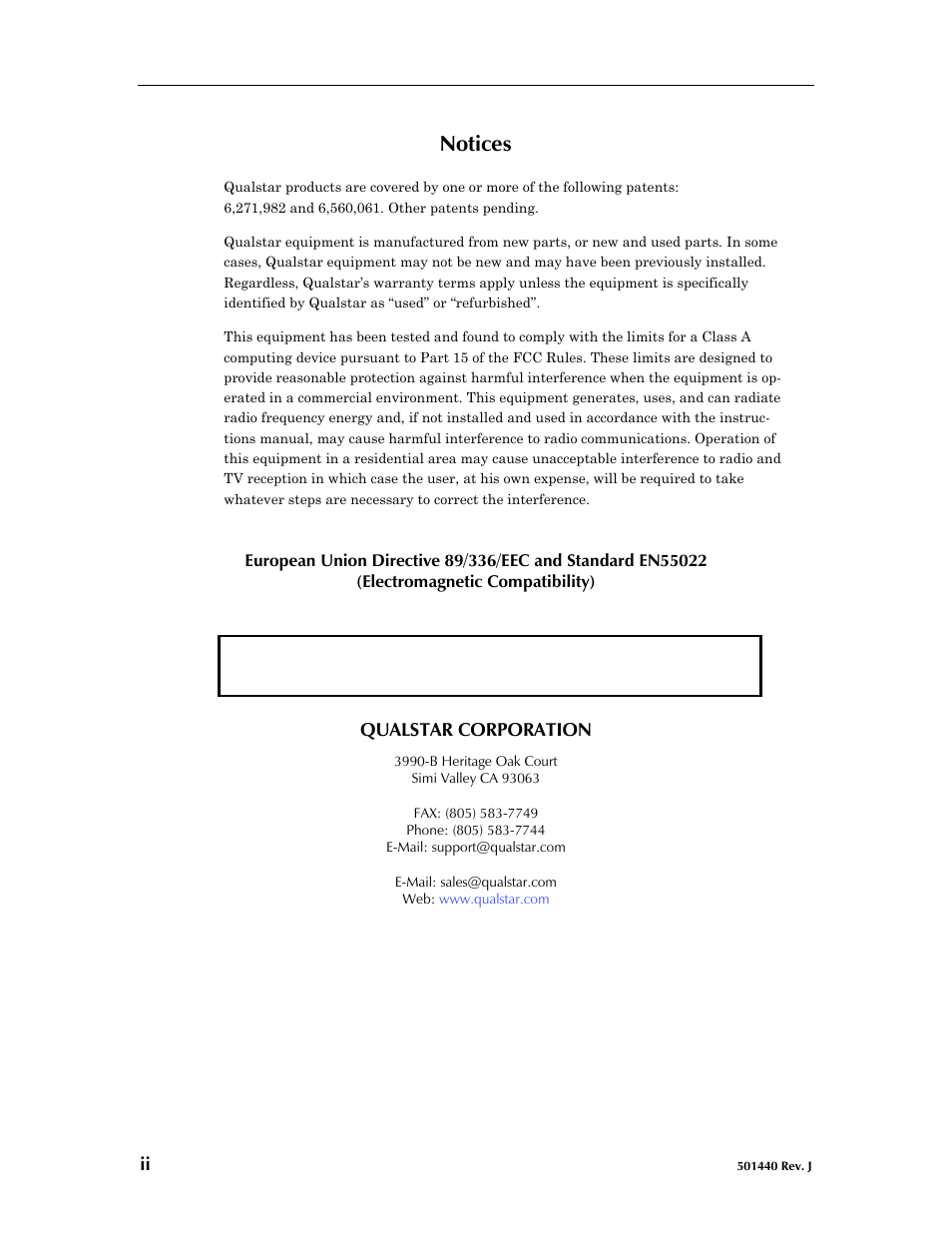 Notices | Qualstar 501440 Rev. G User Manual | Page 3 / 81