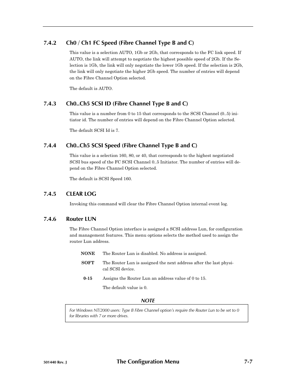 2 ch0 / ch1 fc speed (fibre channel type b and c), 3 ch0..ch5 scsi id (fibre channel type b and c), 4 ch0..ch5 scsi speed (fibre channel type b and c) | 5 clear log, 6 router lun, Ch0 / ch1 fc speed (fibre channel type b and c) -7, Ch0..ch5 scsi id (fibre channel type b and c) -7, Clear log -7, Router lun -7 | Qualstar 501440 Rev. G User Manual | Page 62 / 81