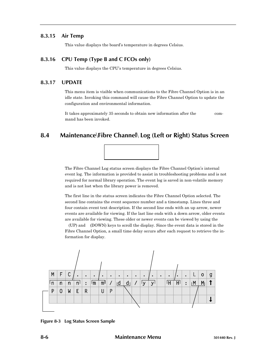 15 air temp, 16 cpu temp (type b and c fcos only), 17 update | Air temp -6, Cpu temp (type b and c fcos only) -6, Update -6 | Qualstar 501440 Rev. G User Manual | Page 74 / 81