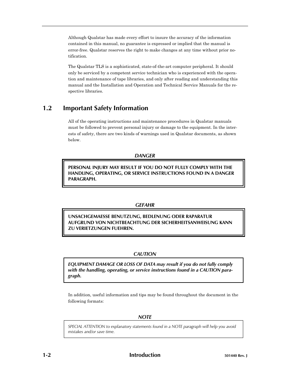 Introduction, 2 important safety information, Important safety information -2 | Qualstar 501440 Rev. G User Manual | Page 8 / 81