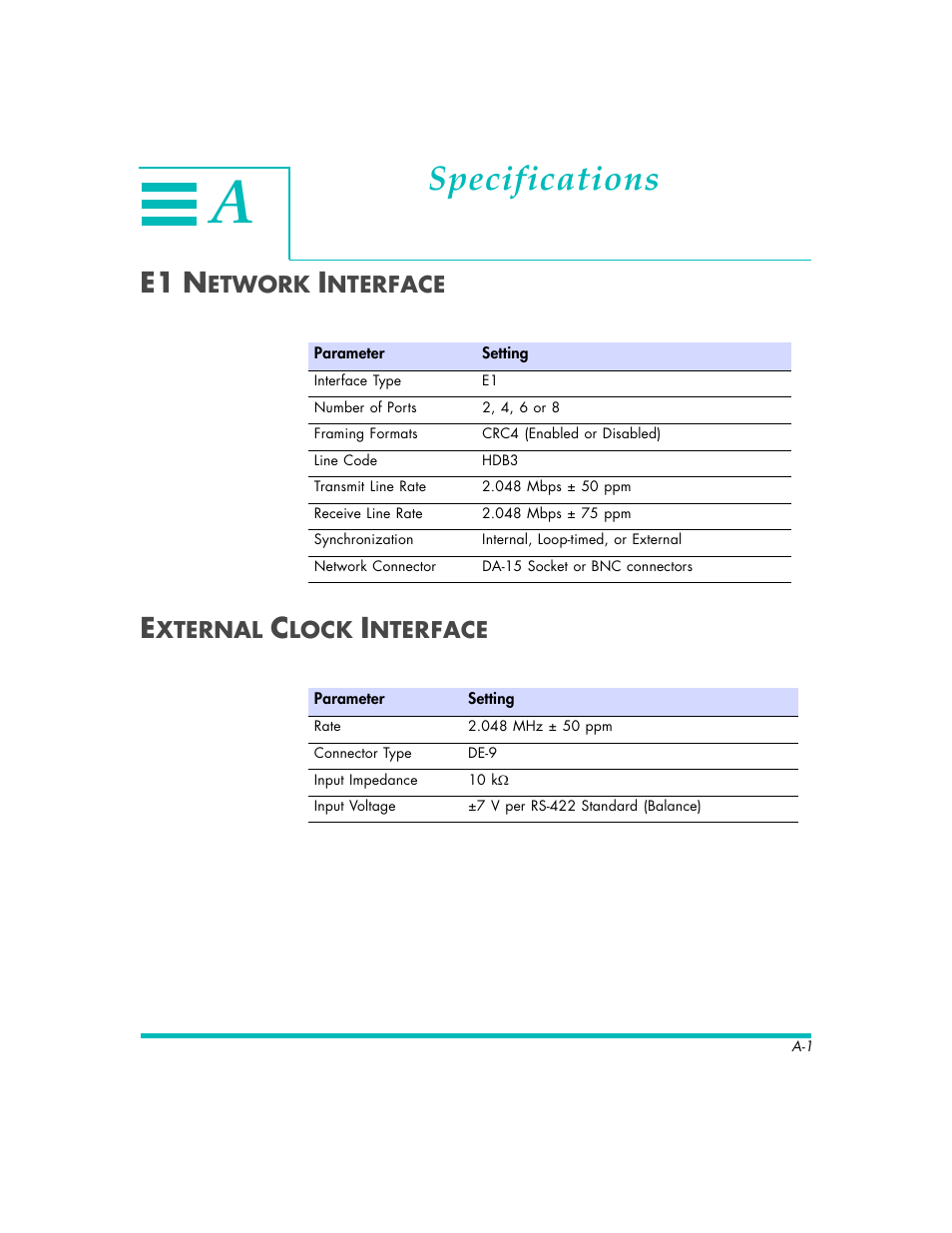 Specifications, E1 n | Quick Eagle Networks DL3800E User Manual | Page 127 / 162