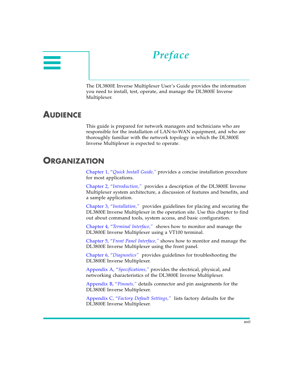 Preface, Udience, Rganization | Quick Eagle Networks DL3800E User Manual | Page 17 / 162