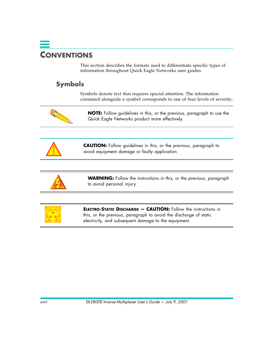 Onventions, Symbols | Quick Eagle Networks DL3800E User Manual | Page 18 / 162