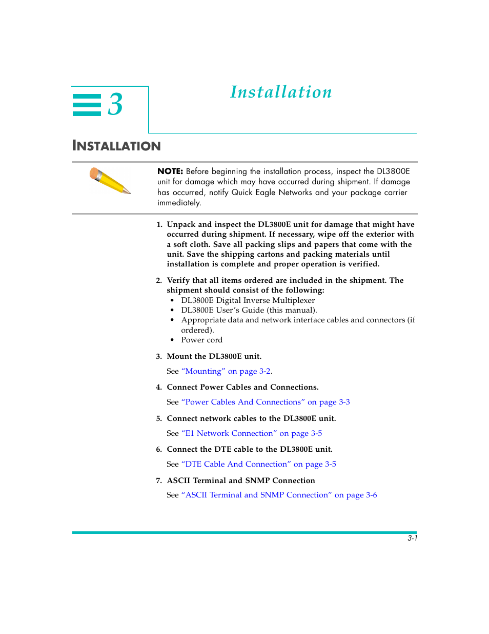Installation, Nstallation | Quick Eagle Networks DL3800E User Manual | Page 33 / 162