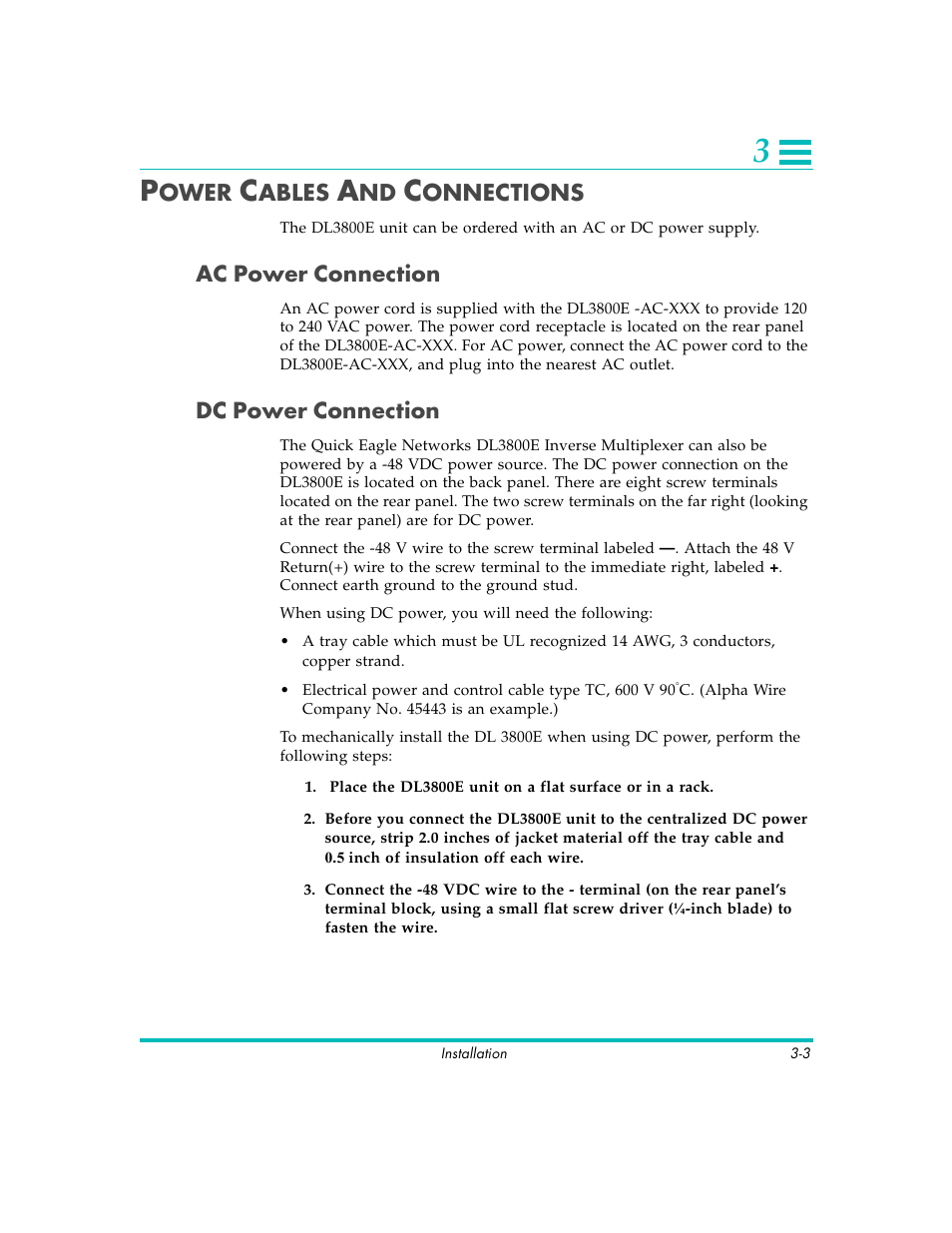 Ower, Ables, Onnections | Quick Eagle Networks DL3800E User Manual | Page 35 / 162