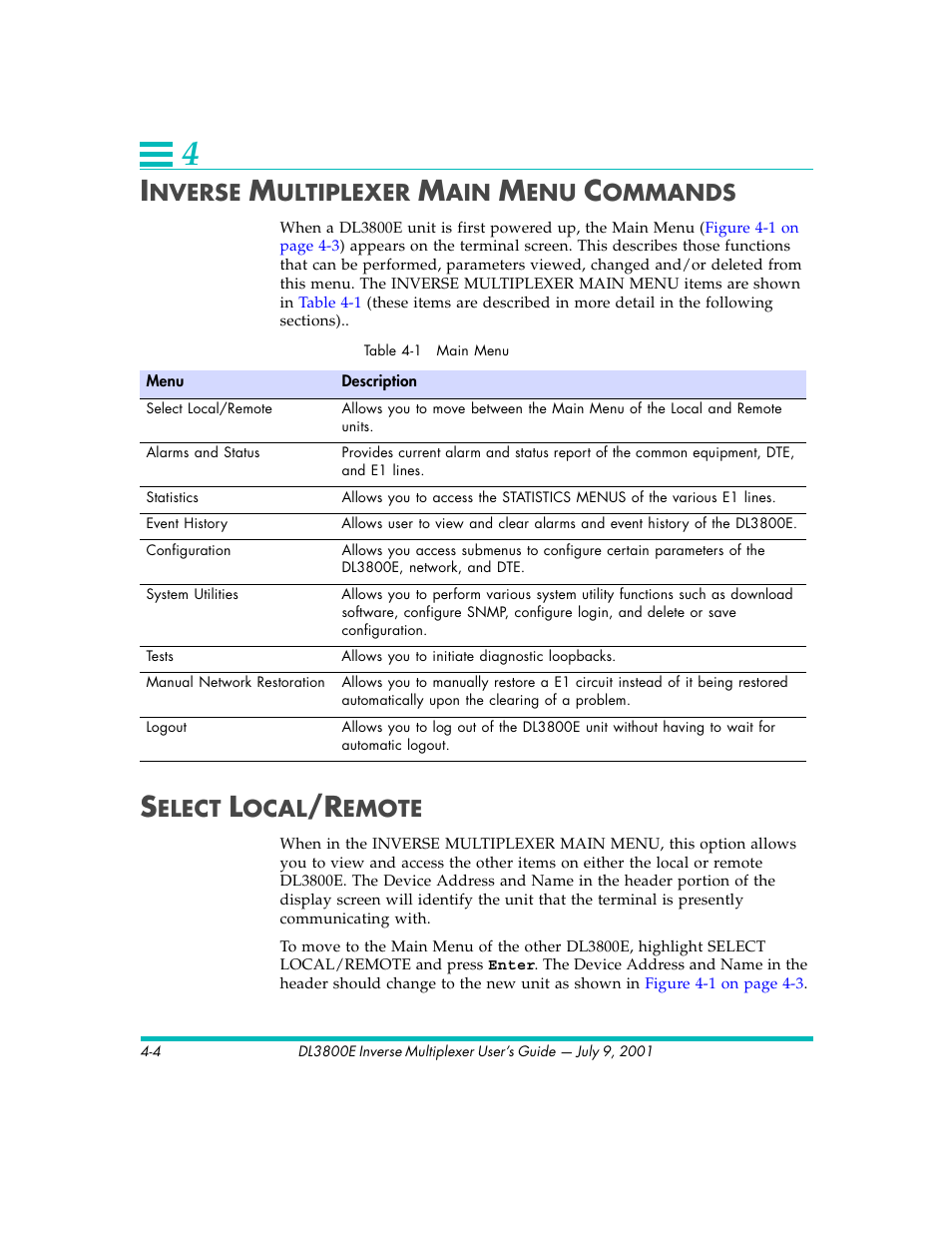 Nverse, Ultiplexer, Ommands | Elect, Ocal, Emote | Quick Eagle Networks DL3800E User Manual | Page 44 / 162