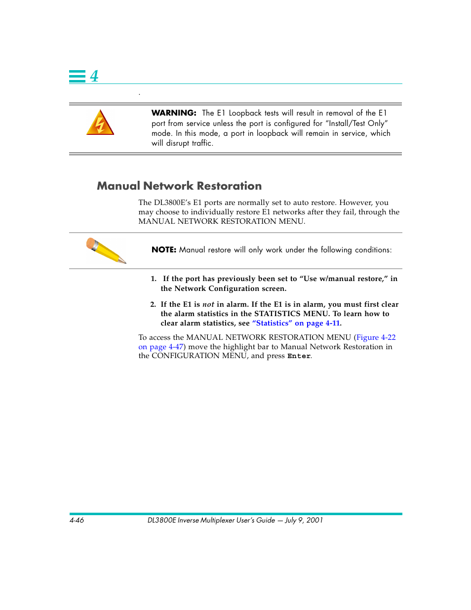Manual network restoration | Quick Eagle Networks DL3800E User Manual | Page 86 / 162