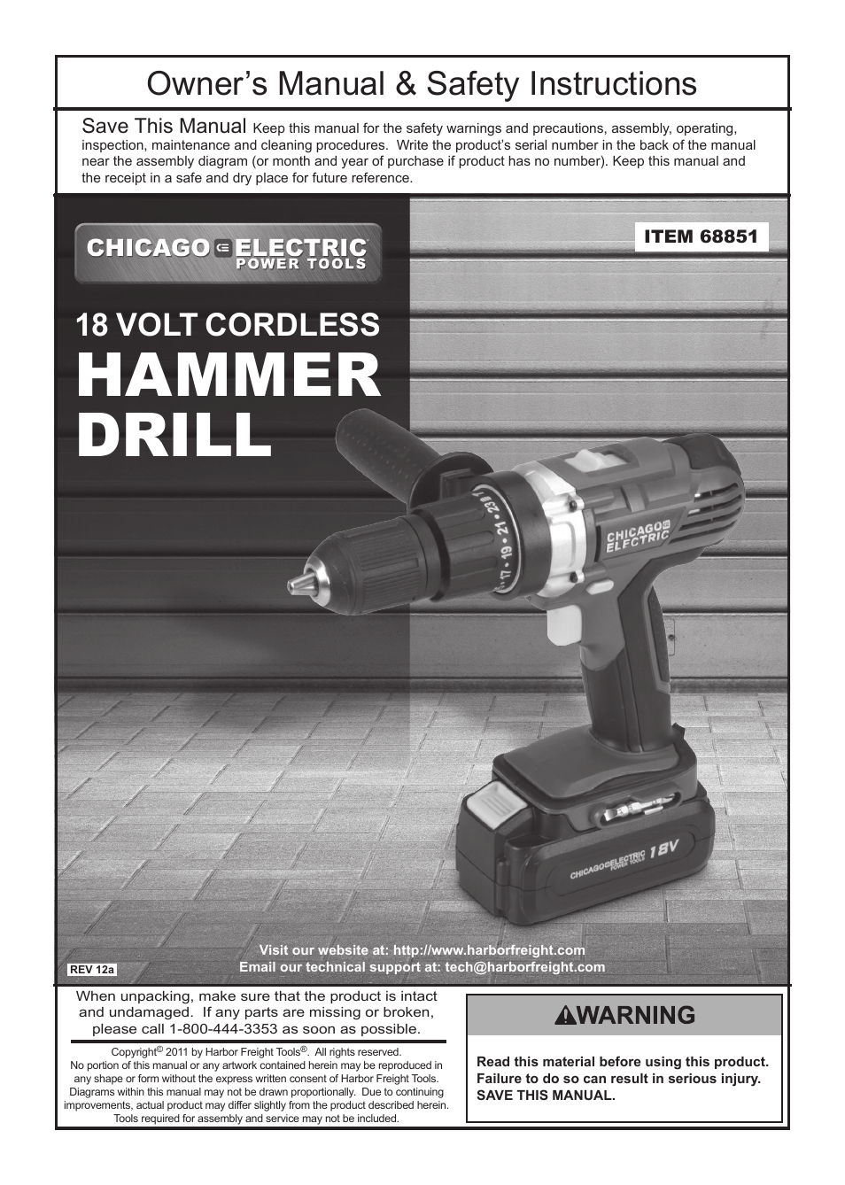 Quick Eagle Networks 18 Volt Cordless Hammer Drill 68851 User Manual | 12 pages