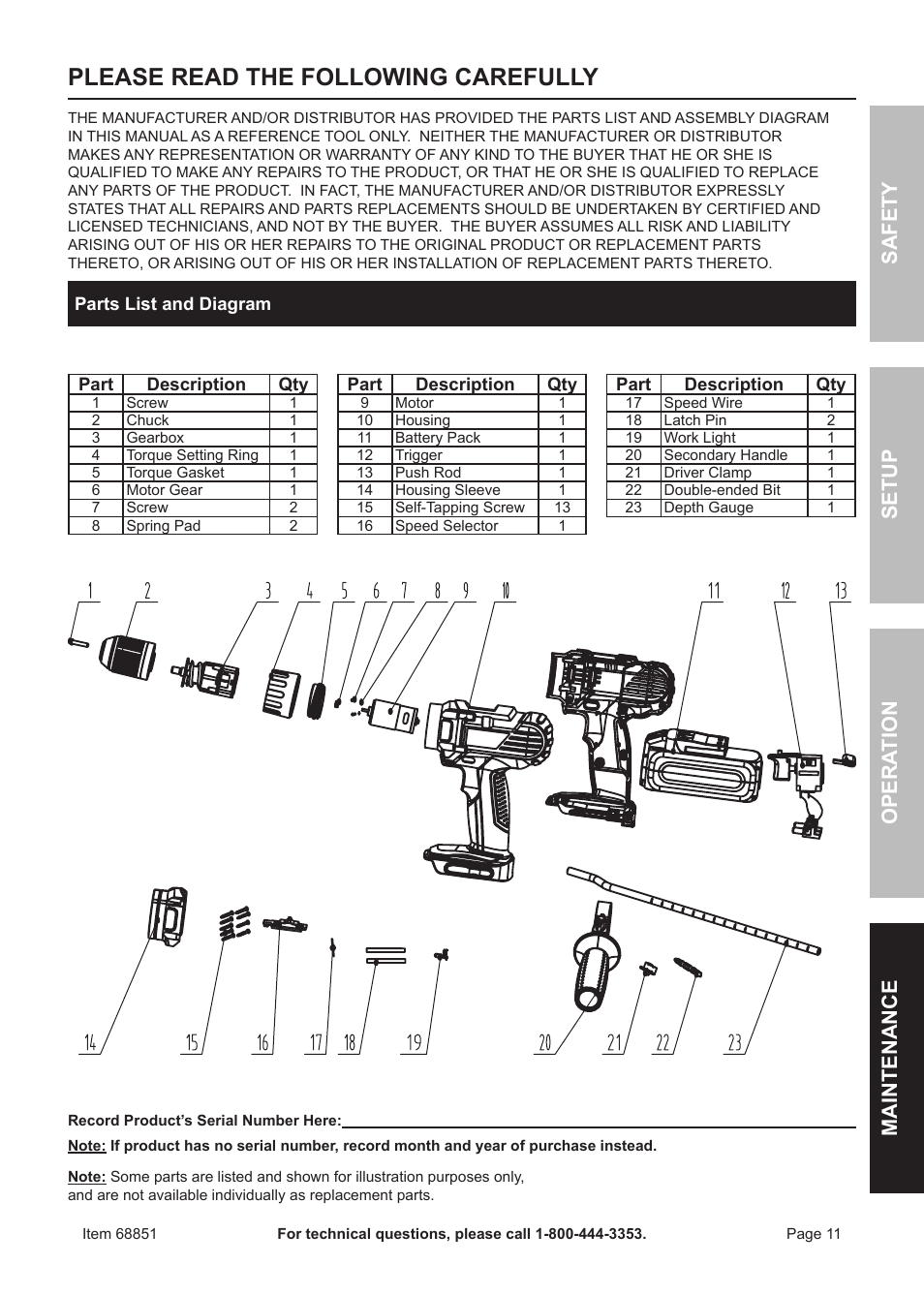Please read the following carefully, Sa fet y o pe r ation m aintenan c e setup | Quick Eagle Networks 18 Volt Cordless Hammer Drill 68851 User Manual | Page 11 / 12