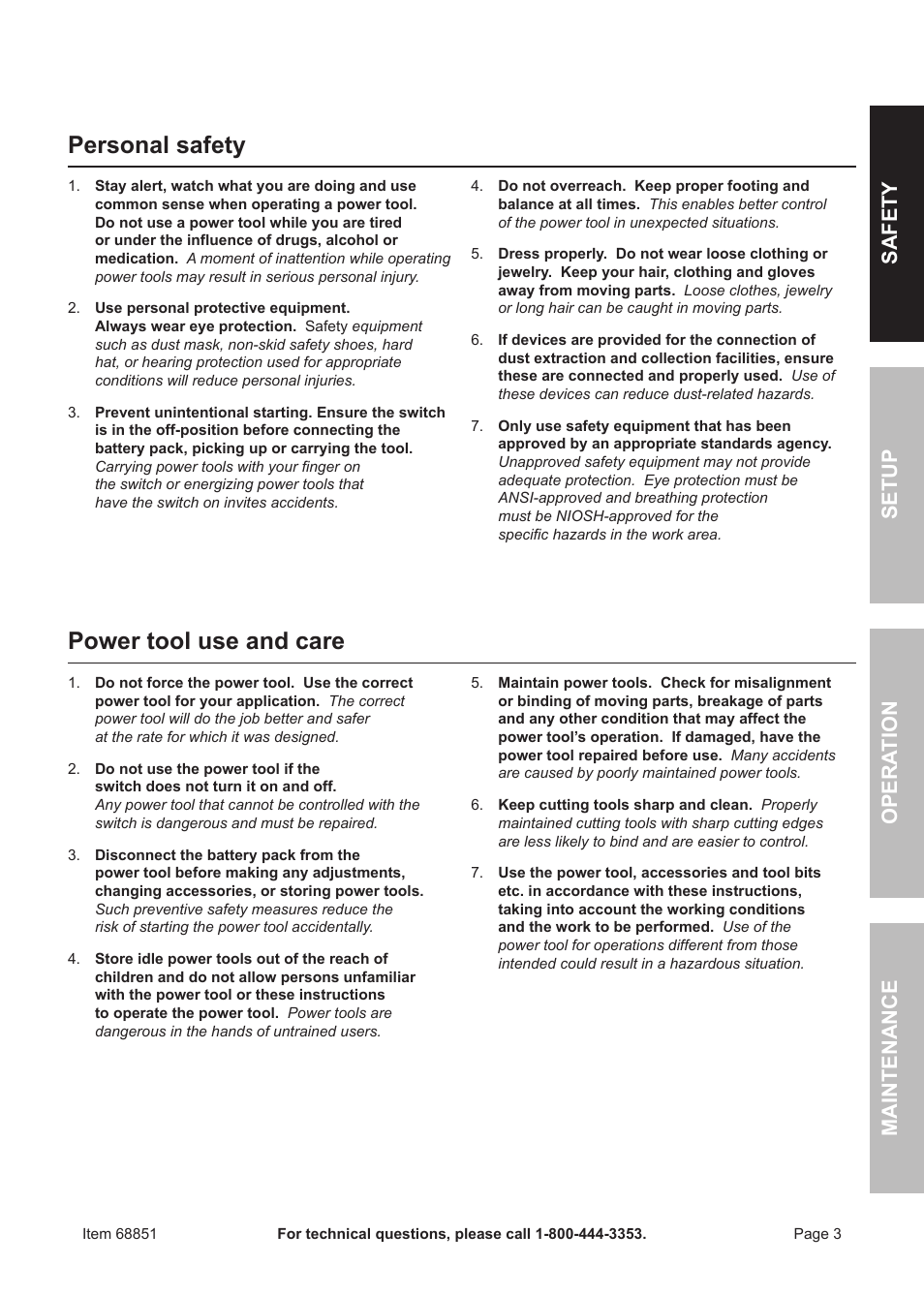 Personal safety, Power tool use and care, Sa fet y o pe r ation m aintenan c e setup | Quick Eagle Networks 18 Volt Cordless Hammer Drill 68851 User Manual | Page 3 / 12