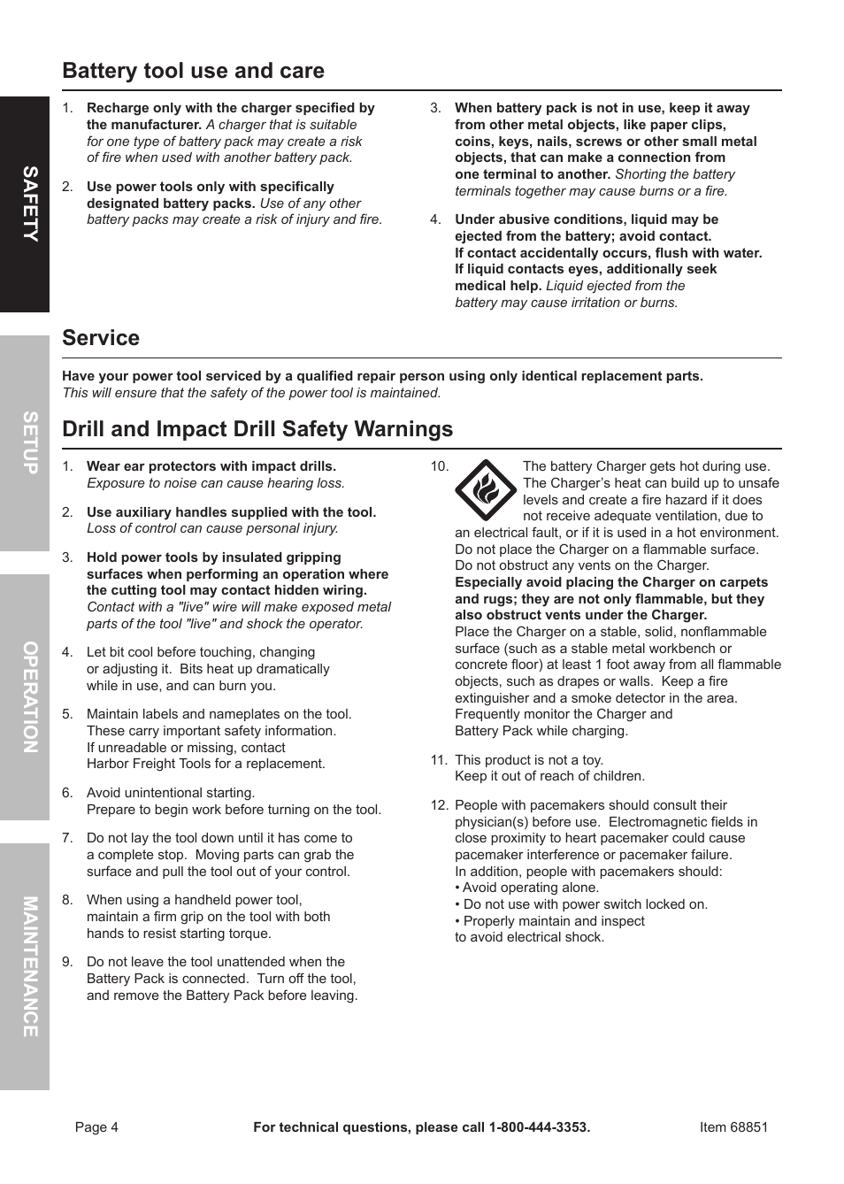 Battery tool use and care, Service, Drill and impact drill safety warnings | Sa fet y o pe r ation m aintenan c e setup | Quick Eagle Networks 18 Volt Cordless Hammer Drill 68851 User Manual | Page 4 / 12