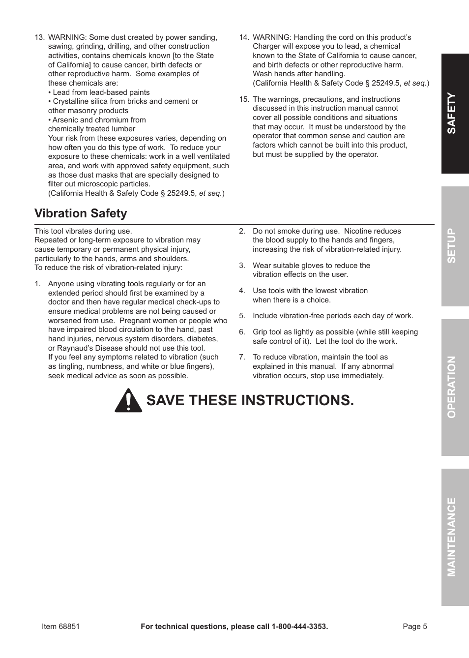 Save these instructions, Vibration safety, Sa fet y o pe r ation m aintenan c e setup | Quick Eagle Networks 18 Volt Cordless Hammer Drill 68851 User Manual | Page 5 / 12