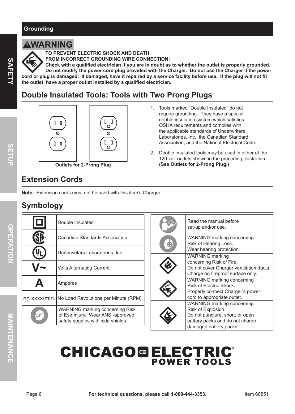 Double insulated tools: tools with two prong plugs, Extension cords, Symbology | Sa fet y o pe r ation m aintenan c e setup | Quick Eagle Networks 18 Volt Cordless Hammer Drill 68851 User Manual | Page 6 / 12