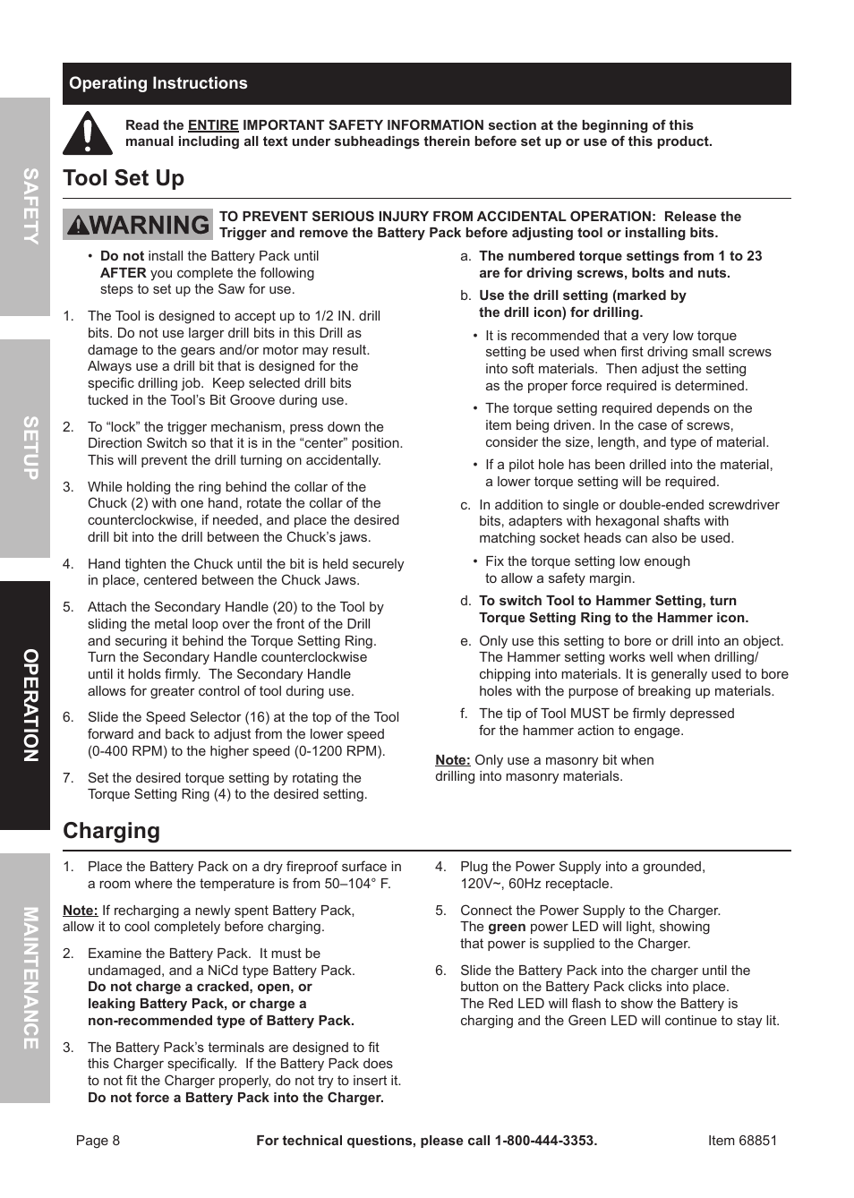 Tool set up, Charging, Sa fet y o pe r ation m aintenan c e setup | Quick Eagle Networks 18 Volt Cordless Hammer Drill 68851 User Manual | Page 8 / 12